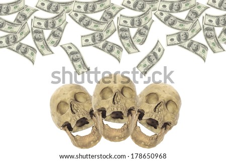 Hundred-dollar bills with three skulls.