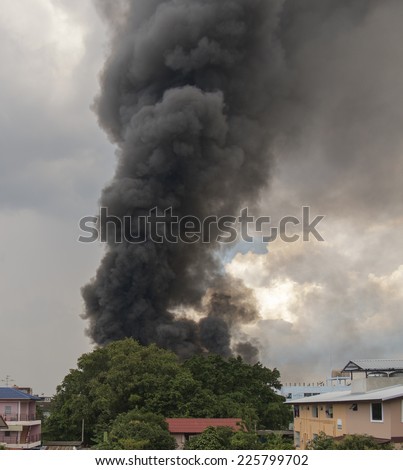Fire burning and black smoke over rubber factory behind the big tree.