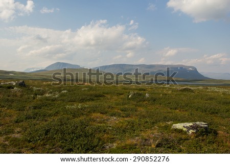 Landscape, Mountain in Sweden. Plateau covered with mosses and lichens, one can see the mountains.