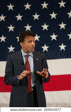 Louisiana Governor Bobby Jindal speaks at the First in the Nation Leadership Summit in Nashua, New Hampshire, on April 18, 2015.