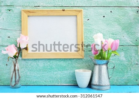 blank canvas frame hang on paint wood in room.