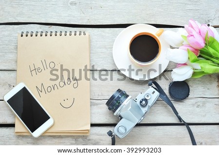 Hello Monday - Coffee with smartphone,camera on wooden table.