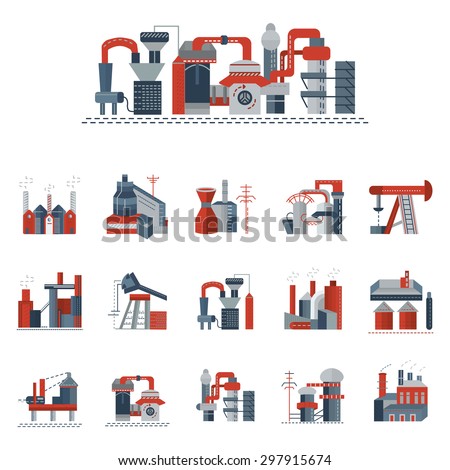 Set of red and gray flat vector icons for industrial building factory and power plants. Heavy industry, petrochemical industry, metallurgy and other factories for business and website