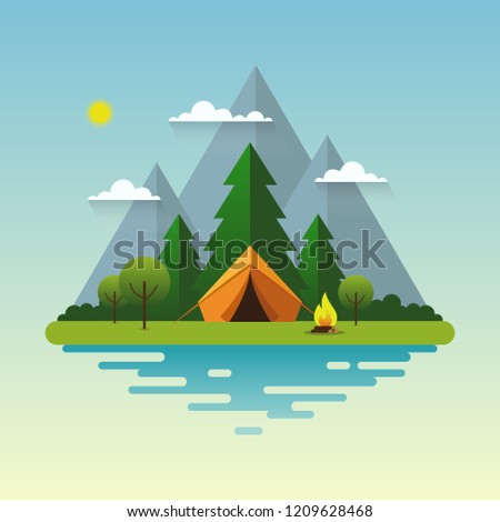 Mountain landscape. Solitude in nature by the river. Weekend in the tent. Hiking and camping. Vector flat illustration