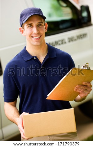Delivery: Happy Worker With Clipboard and Package