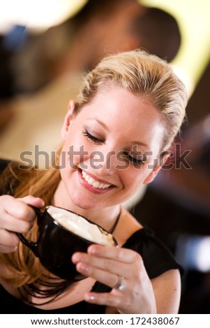 Coffee Shop: Woman Drinking Coffee With Whipped Cream
