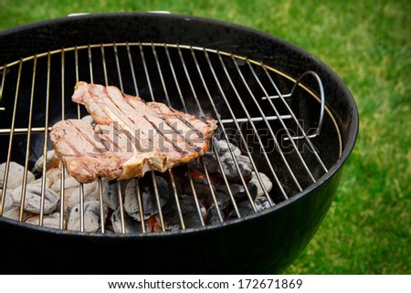 Grilling: Steak With Grill Marks on Charcoal Fire