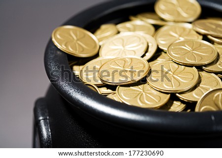 Pot Of Gold: Close Up of Irish Shamrock Coins