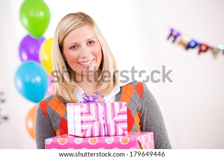 Birthday: Cheerful Parent Holding Stack of Gifts
