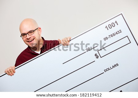 Check: Excited Man Holding Up Oversized Blank Check