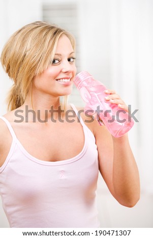 Pink: Taking Drink From Pink Water Bottle with Ribbon On It
