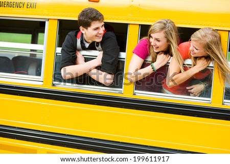 School Bus: Teen Friends Hanging Out Of Bus Windows
