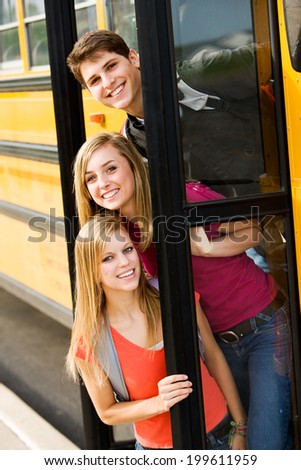 School Bus: Smiling Friends Peek Around Bus Door