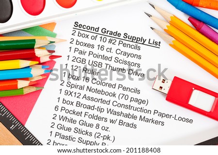 School: Required Item List For Second Grade Surrounded By Supplies