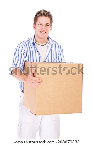 Student: College Guy Holding Packing Box