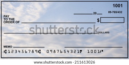 Blank Check With Blue Sky Background.  Fake Numbers For Account Information.