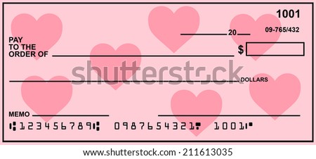 Blank Check With Valentine Hearts Background.  Fake Numbers For Account Information.