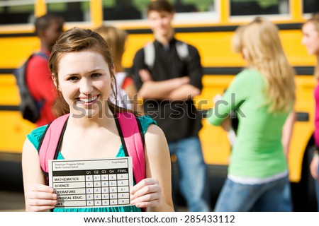 School Bus: Girl Student Has Great Report Card