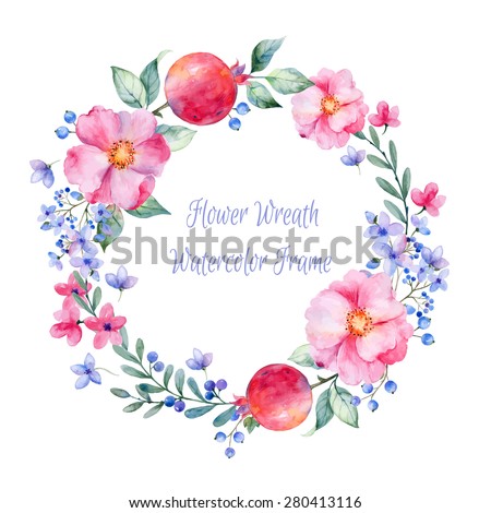 Vector round frame of watercolor roses. pomegranate and berries. Watercolor illustration wreath of flowers. Can be used as a greeting card for background, birthday, mother\'s day and so on.