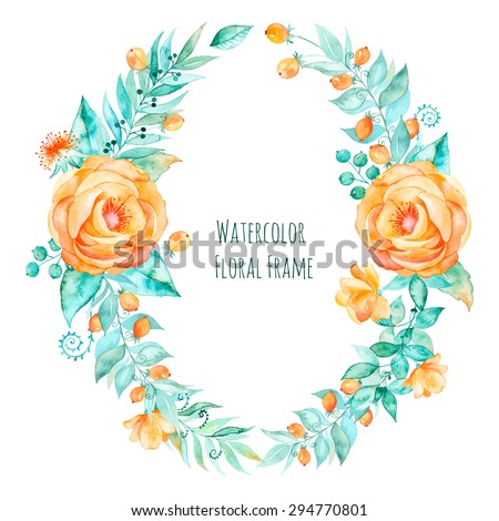 Vector watercolor colorful round frame,floral wreath with spring-summer flowers and central white copy space for your text. Vector hand drawn  wreath with roses, leaves, branches.
