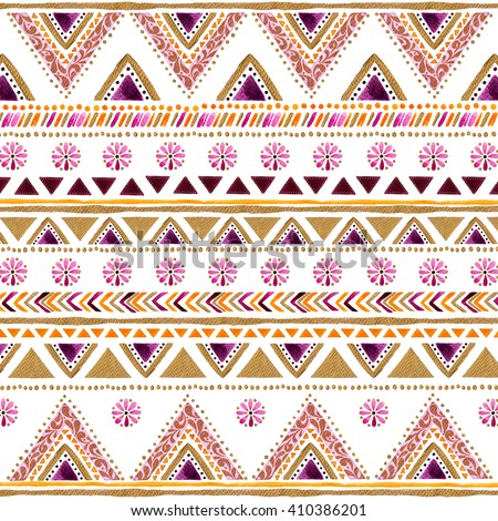 Colorful gold-purple handpainted backdrop.Arabic,Indian decorative watercolor  texture.Boho elements.Striped gold-purple style pattern background with design,stripes,triangles,ornaments,point and more