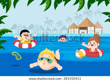 Flat vector illustration of kids swimming in a resort for summer vacation.\
Palm tree on the edge of the frame and letters of Enjoy summer vacation centered.\
 Resort facilities on the background