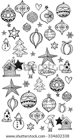Hand drawn illustration of the decoration for Christmas holiday.
Beautiful light bulbs and balls with patterns.