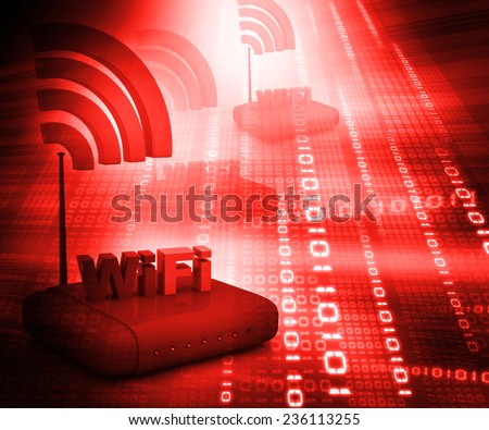 Wifi internet router switch modem on abstract red  binary background 