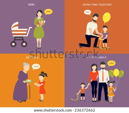 Family with children kids people concept flat icons set of parenting, time spending and being a grandmother