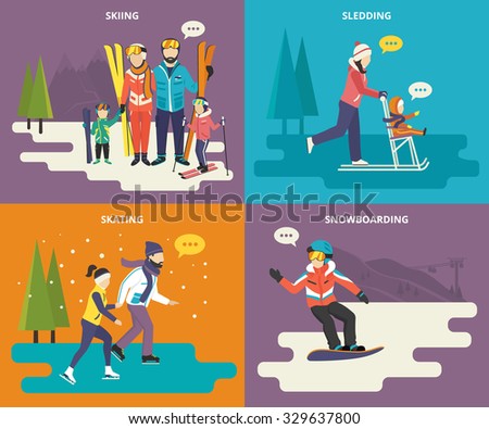Family with kids concept flat icons set of winter sport such as skiing, ice skating, sledding and snowboarding