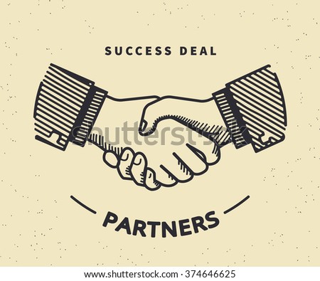 Two business partners agreed a deal and doing handshaking. Vintage illustration on beige background