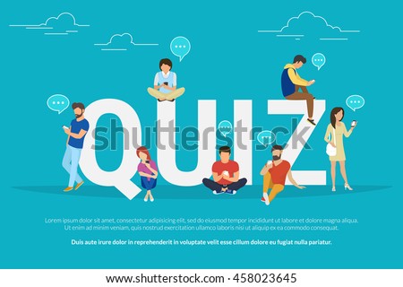 Quiz flat concept illustration of young people using mobile gadgets such smartphone for texting, messaging and sharing data between each other via internet near quiz big letters with speech bubbles
