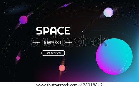 Vector realistic and futuristic space background with bright light planets and stars. Cosmos banner with neon light 3d objects and glowing tracks. Abstract universe with big blue planet and promo text