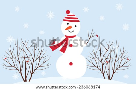 Seasons. Winter time. Snowman with a bird on a background of winter nature. Vector illustration.