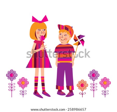 Little girl with a lollipop and a boy the background of flowers. Spring, summer. Vector illustration.