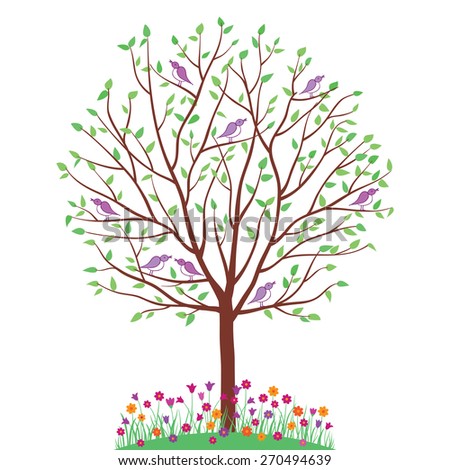 Hello spring. Spring background with tree, birds and flowers. Spring elements for your design. Isolated on white background. Vector illustration.
