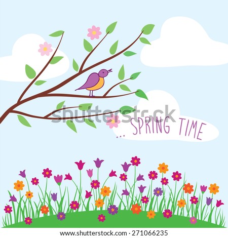 Hello spring. Spring background with tree, bird and flowers. Spring elements for your design. Vector illustration.