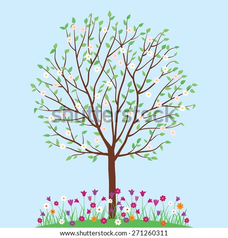 Hello spring. Spring background with tree and flowers. Spring elements for your design. Vector illustration.