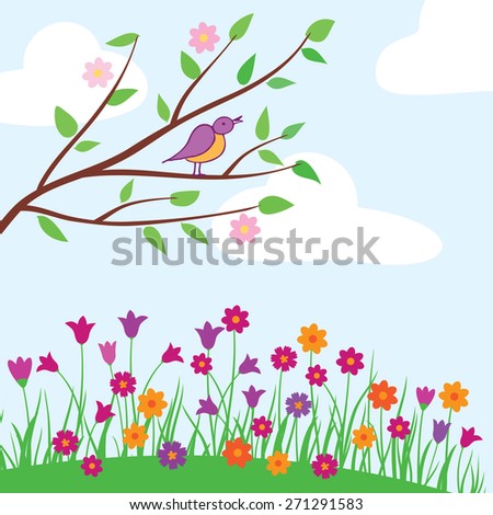 Hello spring. Spring, summer background with tree, bird and flowers. Spring elements for your design. Vector illustration.