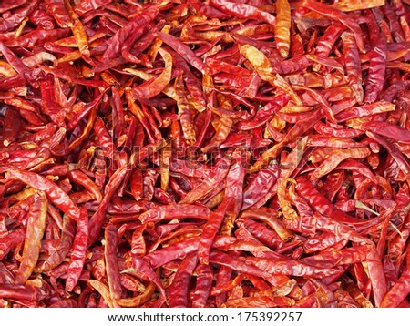 Close up of sun-dried chilli in many red pigments, food ingredient