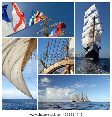 Ship collage. Sailing ship. Sailing concept