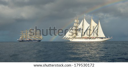 Panorama sailing ships on rainbow background. Collection of yachts and ships