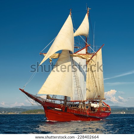 Sailing ship in the beautiful sea and sky. Collection ships and yachts