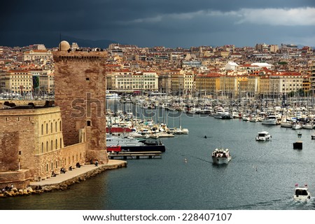 view of the city from the sea, Fort Saint Jean in Marseille