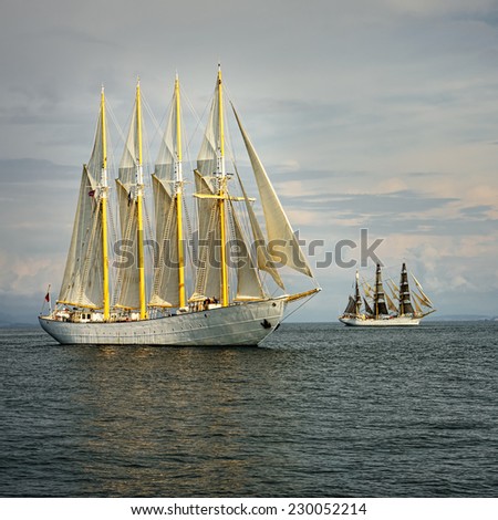 Beautiful sailing ship on the waves. Collection of yachts and ships