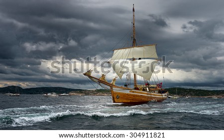 Sailing ship at high speed before the storm. Yachting. Sailing.  Sailboat.