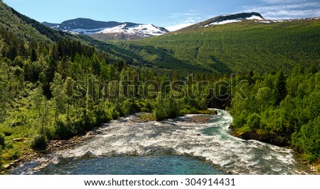 Beautiful mountain river with blurred waves of water. Norway. Travel. Scandinavia