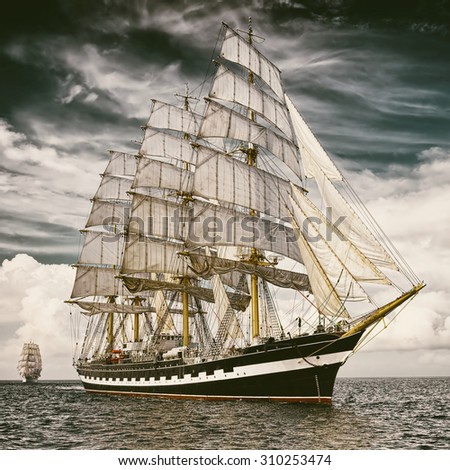 Sailing ship.  Toned image and blur. Retro style postcard. Sailing. Yachting. Travel