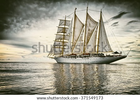 Sailing.  Yachting.  Sailing ship. Toned image and blur. Retro style postcard
