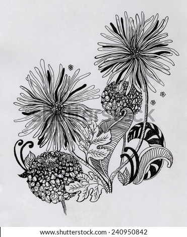 Beautiful flowers hand-drawn colorful and ink graphic illustration. Gerbera flower and garlic flower on gray paper